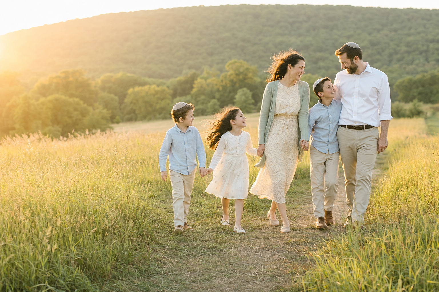 A family walking through a sunlit meadow together